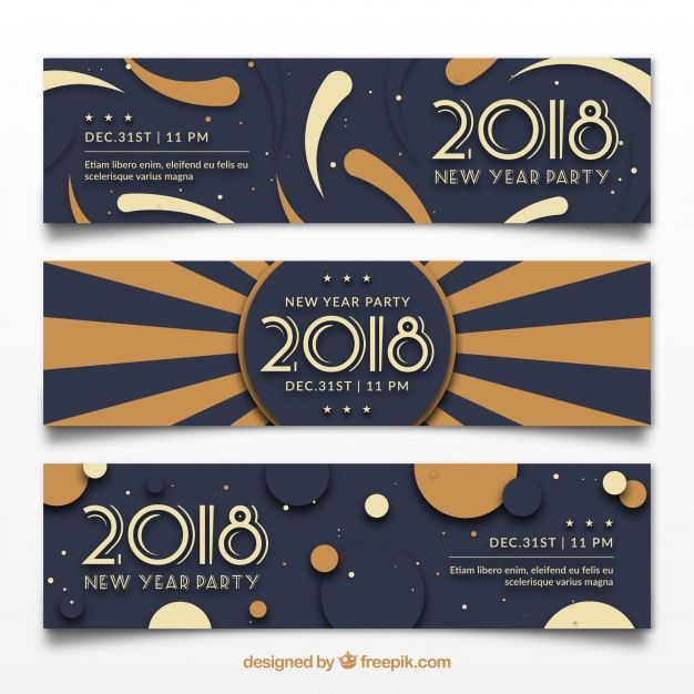 two new year's eve party banners with gold and black circles on them, one is