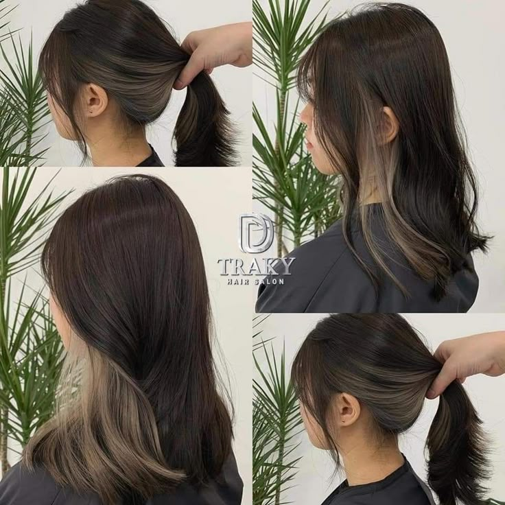 Half Dark Brown Half Light Brown Hair Underneath, Black With Brown Hair Underneath, Peekaboo Hair Color For Asian, Ash Brown Underdye Hair, Hair Ideas For Asian Hair, Under Dyed Hair Brown, Peak A Boo Balayage, Brown Underlights Hair, Peek A Boo Hair Color Brown