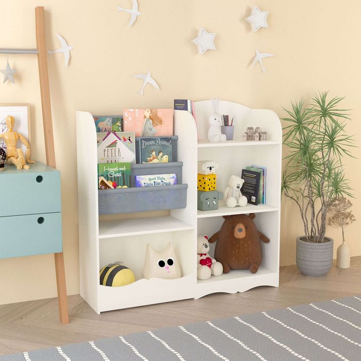 a white book shelf with stuffed animals and toys on it in a child's room