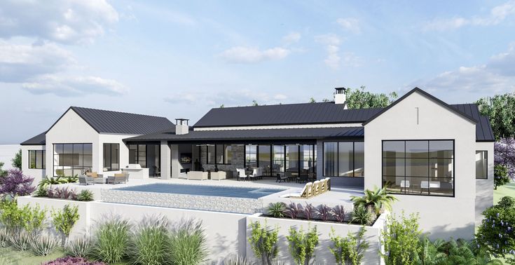 an artist's rendering of a modern house with pool and garden in the foreground