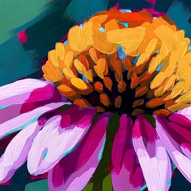 an oil painting of a pink and yellow flower