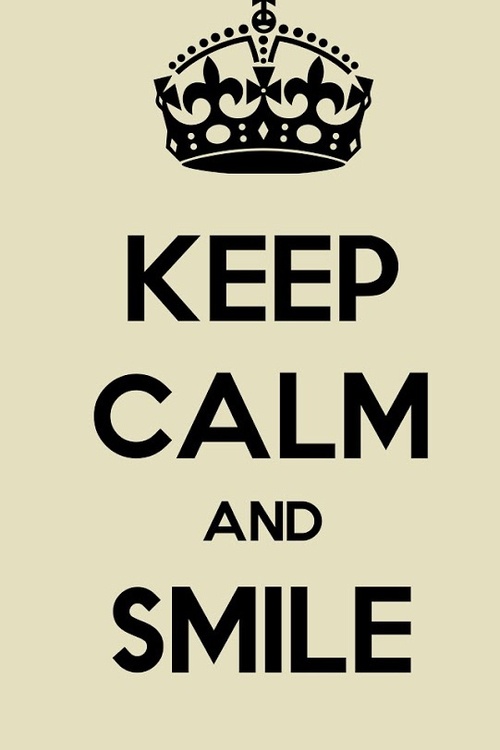 a black and white keep calm and smile poster with the words keep calm on it