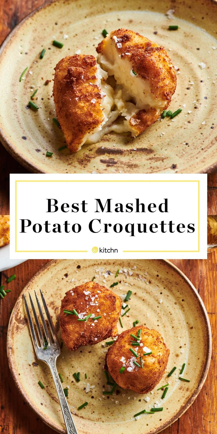 the best mashed potato croquettes are served on a plate with a fork