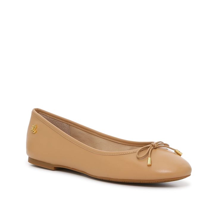 Lauren Ralph Lauren-Jayna Ballet Flat Highlight a casual look or finish off a formal one with the Jayna ballet flat from Lauren Ralph Lauren. Crafted from leather, this pair sports a versatile silhouette offset by a charming bow detail for added flair. Ralph Lauren Flats, Spring Office Flats With Branded Insole, Almond Toe Flats For Spring Business Casual, Spring Almond Toe Flats For Business Casual, Spring Business Casual Almond Toe Flats, Spring Business Casual Leather Flats, Classic Synthetic Ballet Flats For Work, Spring Formal Ballet Flats With Removable Insole, Classic Synthetic Ballet Flats For Spring