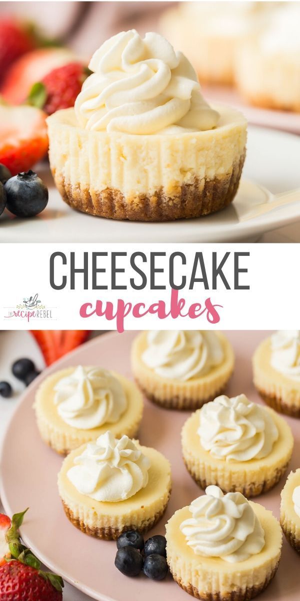 cheesecake cupcakes with whipped cream on top and blueberries in the background