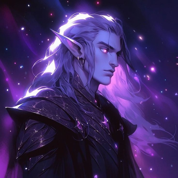 a man with long white hair wearing a black outfit and purple lights in the background