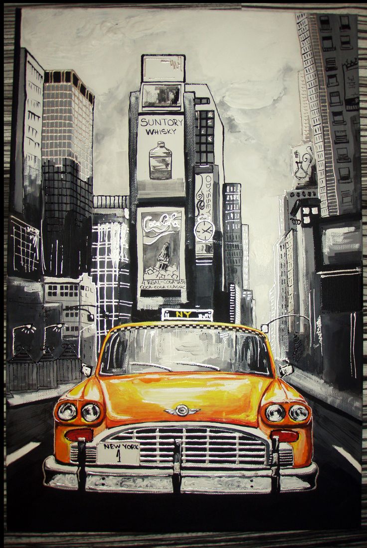 a painting of an orange taxi cab in new york's times square, painted on canvas