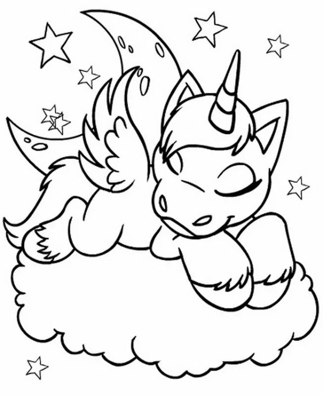 a cute little unicorn sleeping on top of a cloud with stars and moon in the background