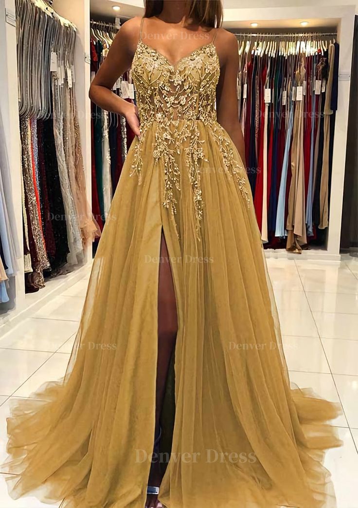 A Line V Neck Spaghetti Straps Sweep Train Tulle Prom Dress Outfits For Women With Beading Sequins Split Prom 2023, Prom Dress Ideas, Stunning Prom Dresses, Prom Inspo, Looks Party, Blue Tulle, Prom Dress Inspiration, Cute Prom Dresses, Custom Size Dresses