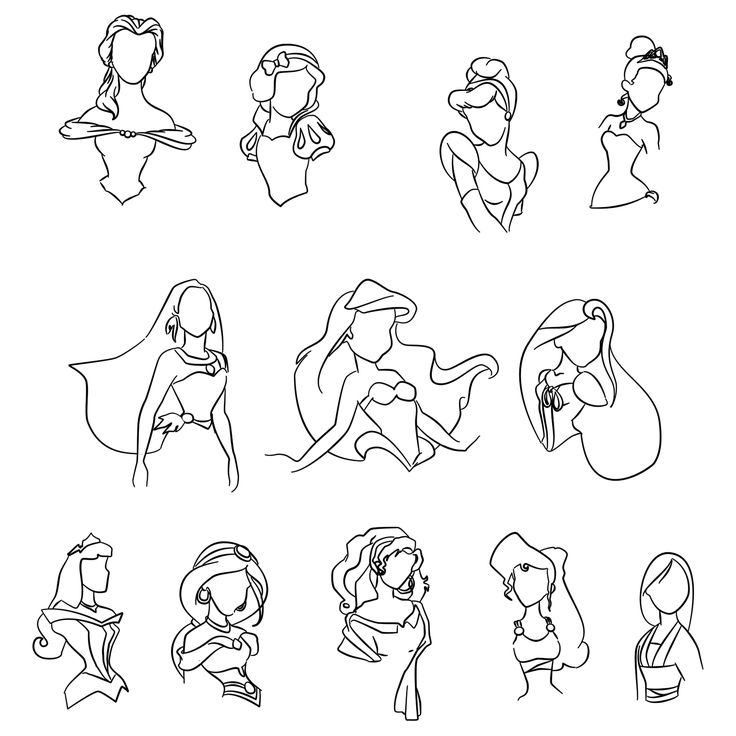 some disney princesses are drawn in black and white