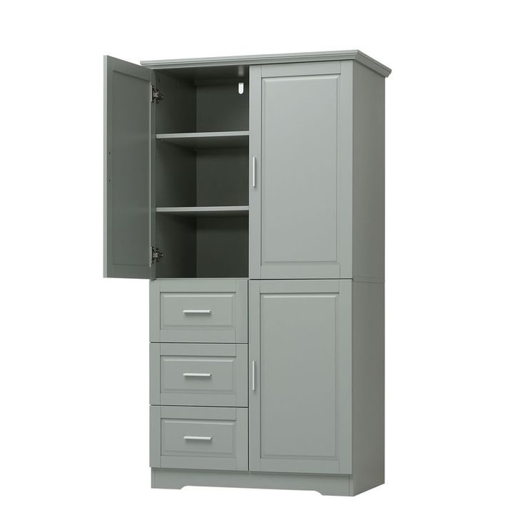 a gray cabinet with drawers and doors