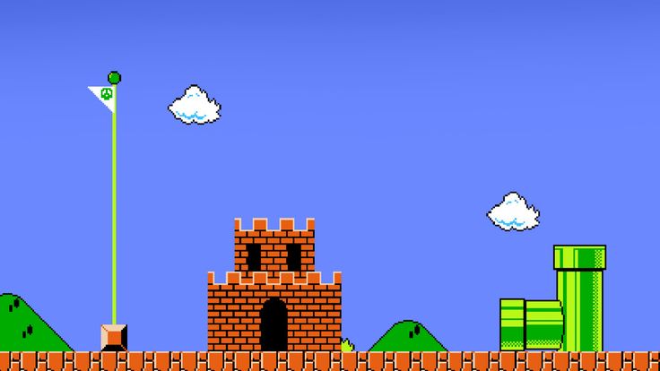 an old - school video game is shown in the middle of a blue sky with clouds