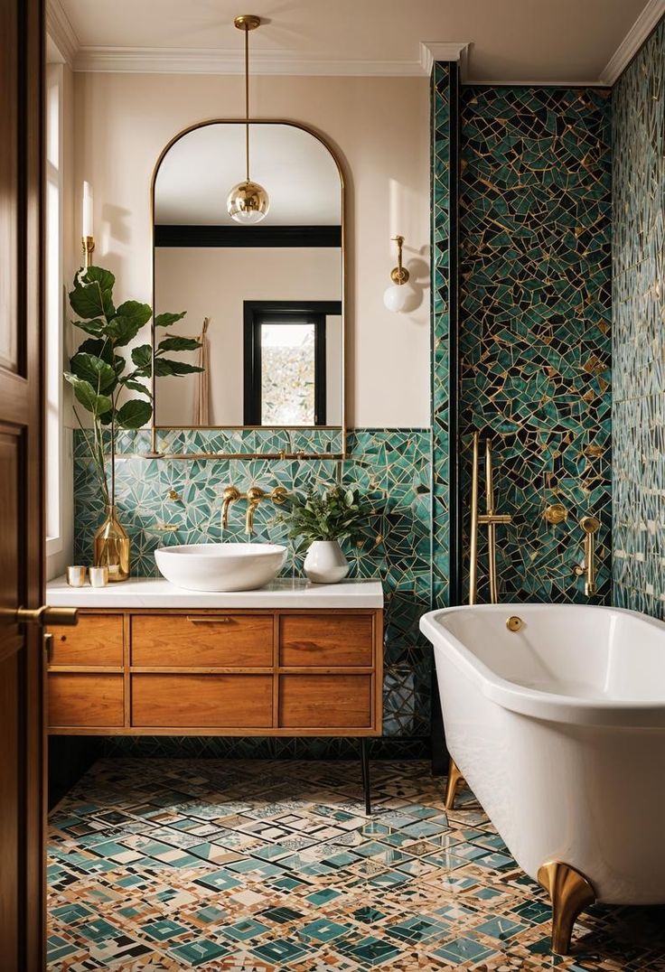 a bath room with a tub a sink and a mirror on the wall in it