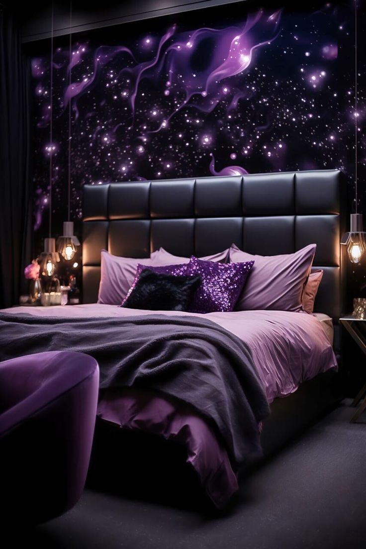 a bed with purple sheets and pillows in a room that is decorated with stars on the wall