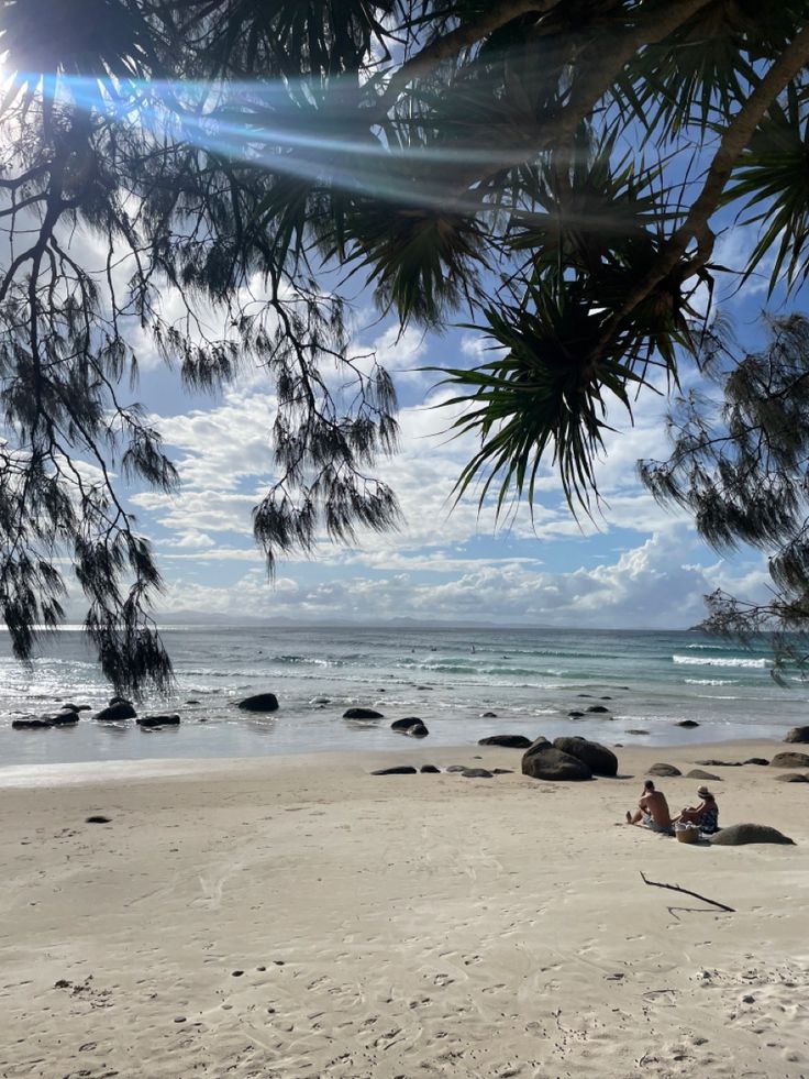 two people sitting on the beach under some trees