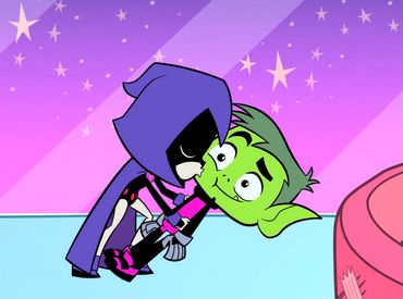 a cartoon character kissing another character with stars in the background