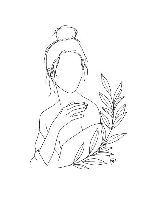 a line drawing of a woman holding her hand up to the side, with leaves in front of her