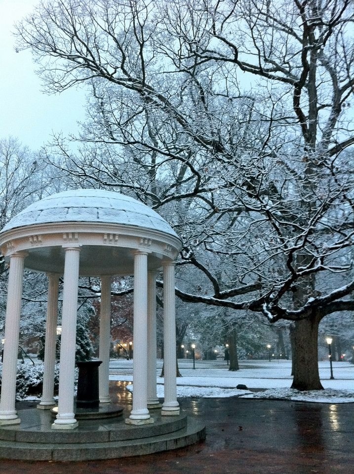 a white gazebo sitting in the middle of a park covered in snow