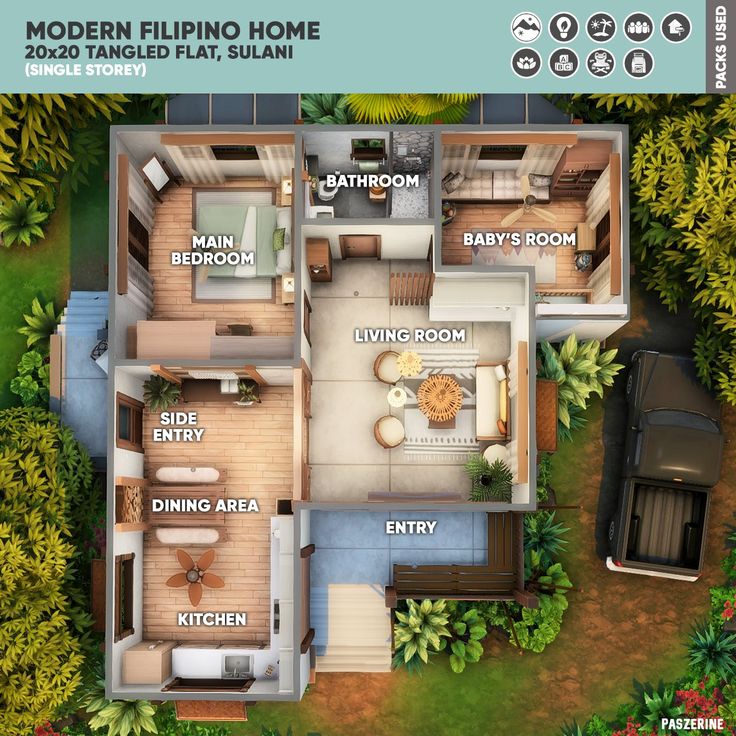 an aerial view of a house with the floor plan