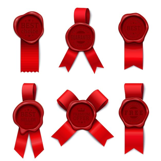 set of red ribbons and seales on white background