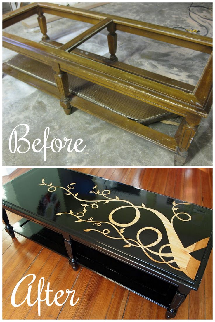 an old coffee table is painted black and gold with the words before and after on it