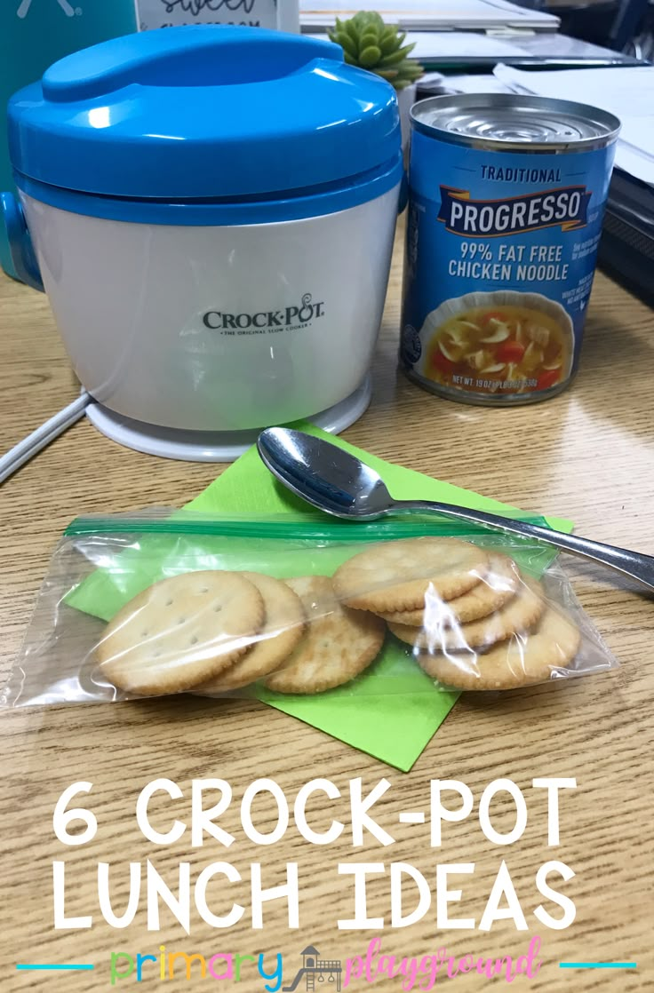 the lunch bag is full of crackers and other food items, including a crock pot