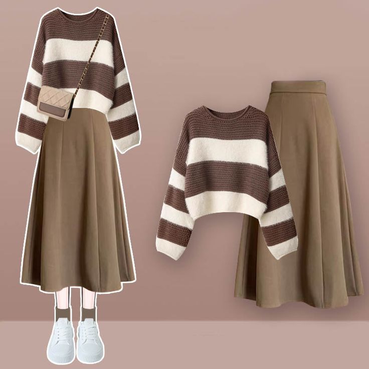 Brown Colorblock Stripe Sweater Plaid Print Skirt Elevate your wardrobe with our elegant Brown Colorblock Stripe Sweater Plaid Print Skirt. Made with a soft fabric, this sweater features bold brown colorblocking and a unique plaid print skirt for a chic and sophisticated look. Perfect for any occasion, this sweater skirt combo will effortlessly elevate your style. Size Info. M: for Weight Range (40-50 kg). for Height Range (150-160 cm) L: for Weight Range (50-60 kg). for Height Range (160-165 cm Aesthetic Knitwear, Sweater Skirt Combo, Plaid Print Skirt, Kawaii Swimsuit, Dark Academia Clothing, Sweater Skirt Set, Cottagecore Fashion, Kawaii Dress, Summer Dress Outfits