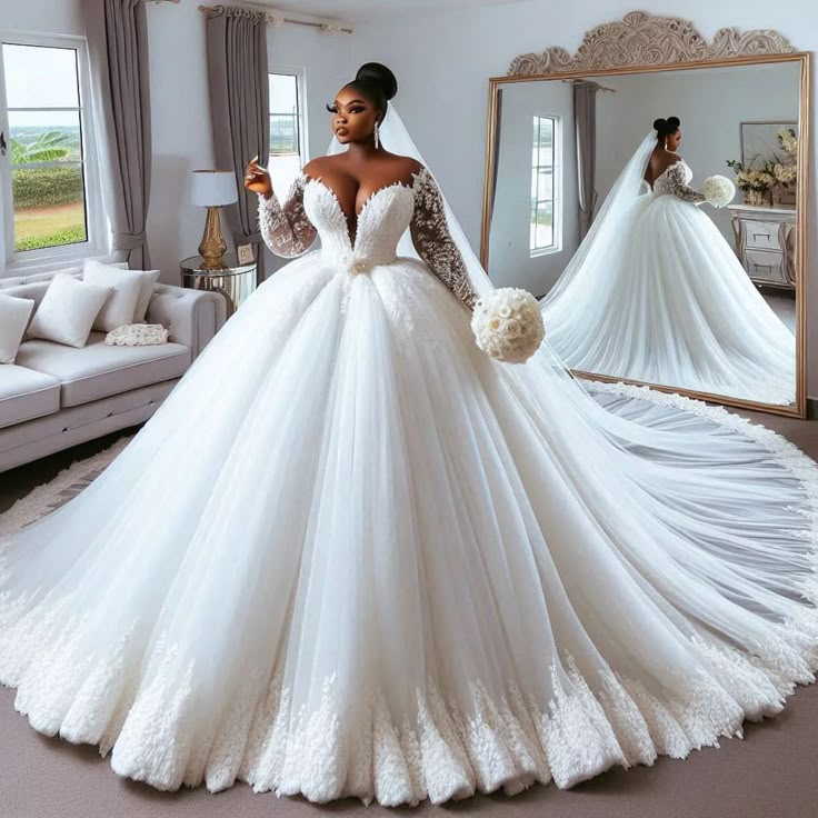 a woman in a wedding dress is taking a selfie with her reflection in the mirror