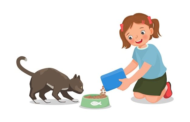 Vector cute little girl feeding her pet ... | Premium Vector #Freepik #vector #cute-cat #cat-eat #cat-cartoon #cute-cartoon Animal Food, Food At Home, Food Cartoon, Cat Clipart, Instagram Ideas Post, Feeding Kids, Cat Feeding, Cat Graphic, Animal Clipart