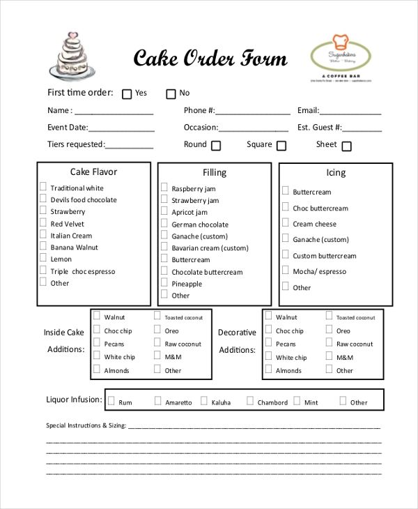 the cake order form is shown in this printable version, with instructions to make it easier