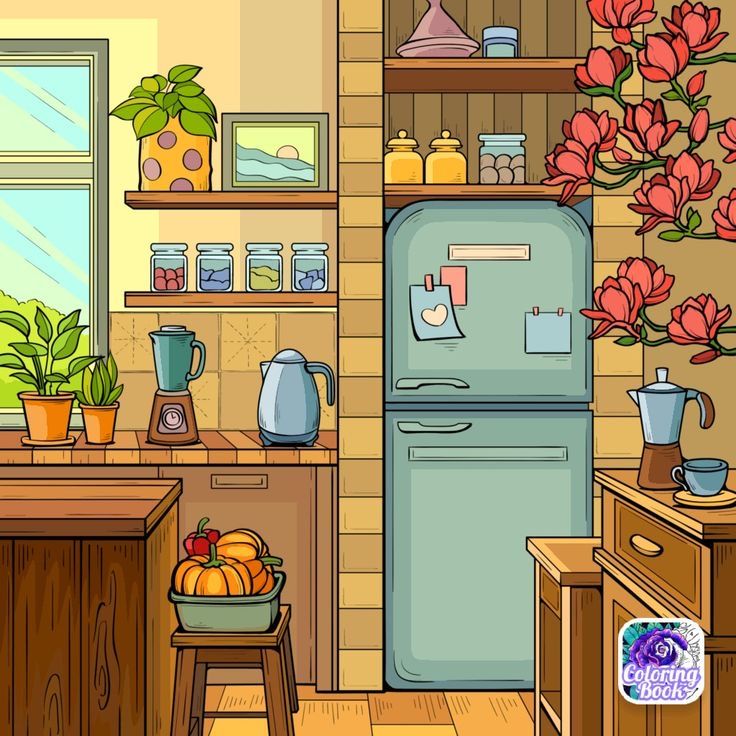 a kitchen with a blue refrigerator freezer sitting next to a wooden table and potted plants