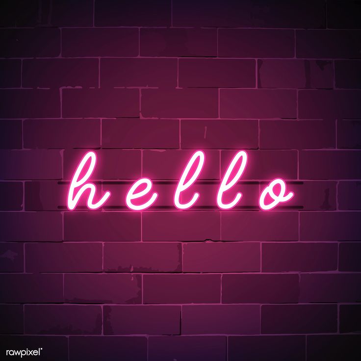 a pink neon sign that says hello on a brick wall with the word hello written below it