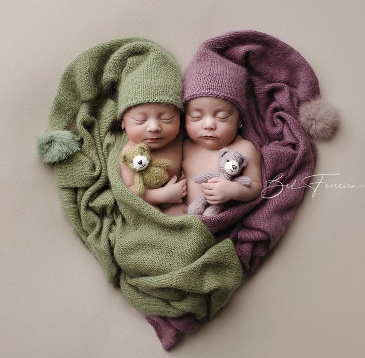 two newborn babies are wrapped in blankets and sleeping next to each other with stuffed animals