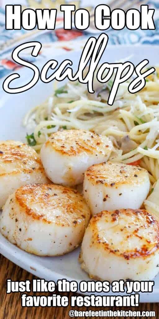 scallops on a white plate with pasta and sauce in the background text reads how to cook scallops just like the ones at your favorite restaurant