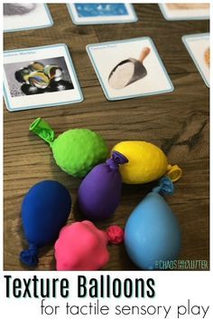 some toys are sitting on a table with the words texture balloons for tactile sensory play