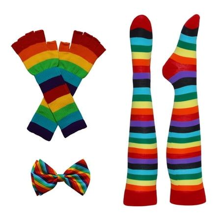 Show off the colorful colors of the rainbow with this rainbow kit. Set includes rainbow long fingerless gloves, rainbow long toe socks, and rainbow bow tie. Be noticed with a blast of illuminating rainbow. Size: One Size.  Color: Multicolor. Rainbow Socks Aesthetic, Rainbow Bow Tie, Rainbow Costume, Cheap Fun Multicolor Socks, Fun Multicolor Stretch Socks, Rainbow Fingerless Gloves, Rainbow Costumes, Long Fingerless Gloves, Rainbow Bow