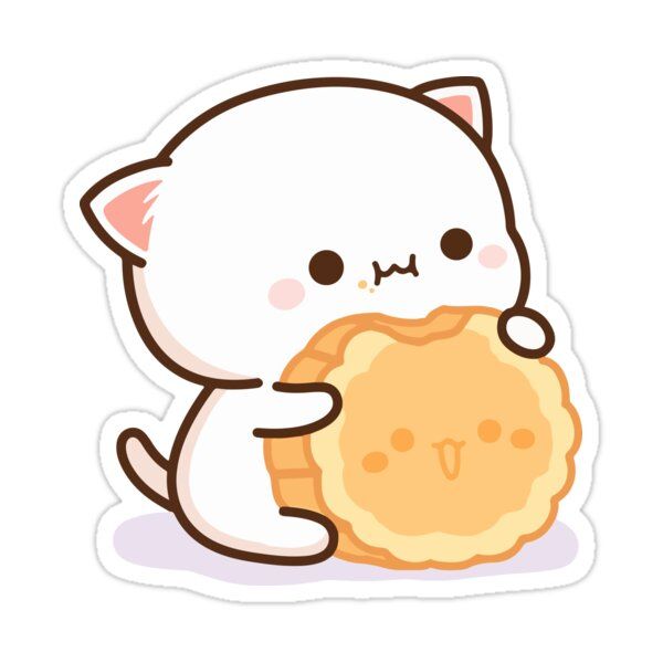 a sticker with a cat holding a cookie in it's paws and looking at the