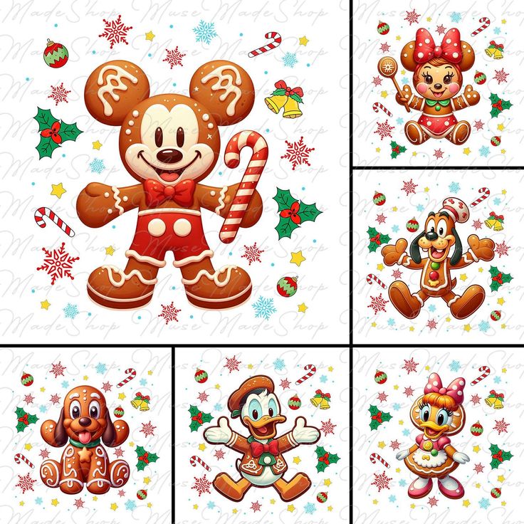 four pictures of mickey and minnie mouses with christmas decorations in the background, including candy cane