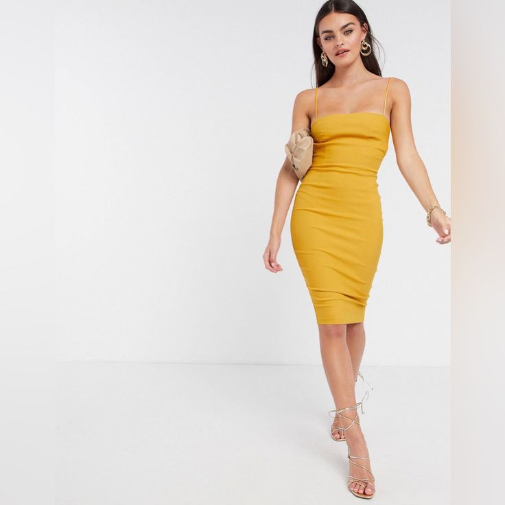 Never Worn- New Without Tags. Perfect Fall Colored Body Con Dress! Stretchy But Will Suck You In And Accentuate Curves. Golden Yellow Color, Asos Dress, Golden Yellow, Yellow Dress, Fall Colors, Spaghetti Strap, Cut Out, Asos, Bodycon Dress