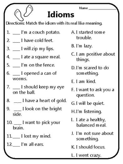 an english worksheet with the words idioms in black and white ink