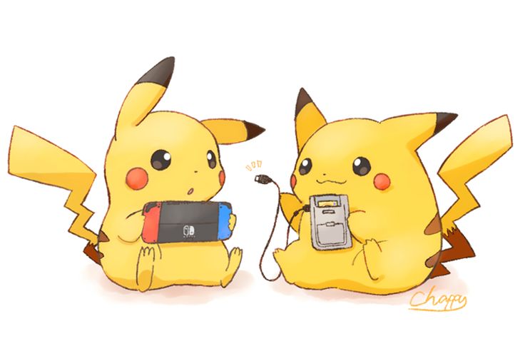 two pikachu are sitting next to each other with their cell phones in their hands