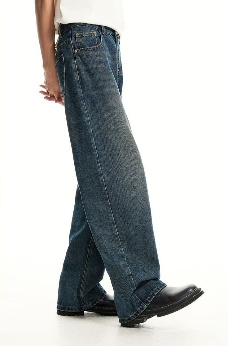 Take a trip down memory lane with these Wide Leg Vintage Faded Jeans from nightcity Clothing. Elevate your everyday casual style with this timeless pair of denim jeans. The wide legs and vintage-inspired faded look will give off those all-important vintage feels, perfect for pairing with any top and shoes for a laid-back look. With these wide leg vintage jeans, you’ll have effortless style and comfortable wear every time. Gender: MenMaterial: Denim, PolyesterClothing Length: Full LengthWaist: Mi Men’s 90s Style, Faded Jeans Outfit Men, Vintage Fits Men, Slim Fit Jeans Outfit, Vintage Pants Men, Blue Jeans Outfit Men, Mens Wide Leg Jeans, Demin Jeans, Jeans Outfit Men