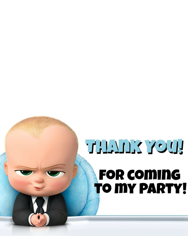 a baby in a suit sitting on top of a blue pillow with the words thank you for coming to my party