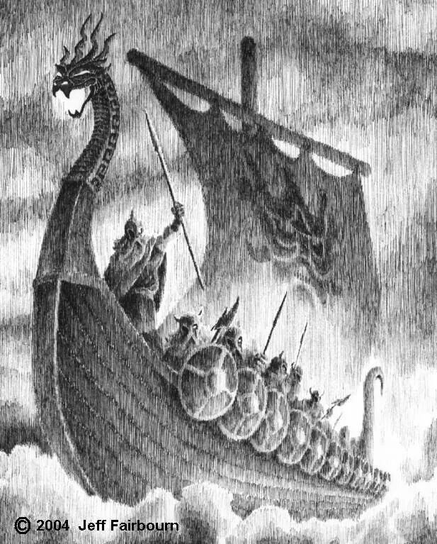 a drawing of a boat with people on it and a dragon in the sky above