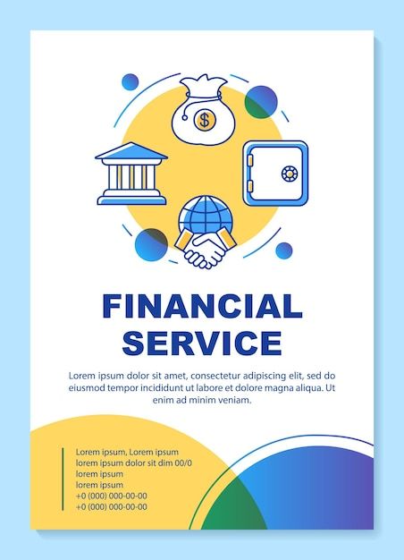 a financial service flyer with icons and colors on the front, in blue and yellow