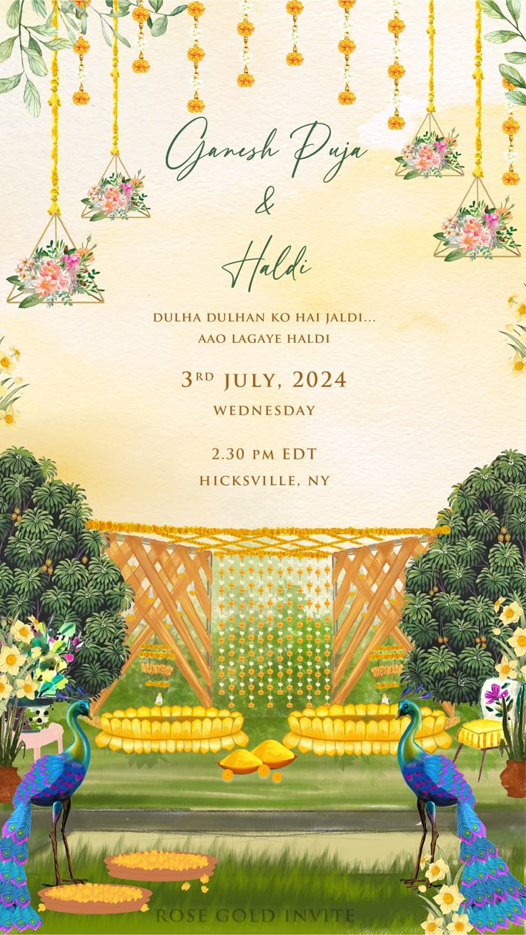 a poster for a garden party with peacocks in the grass and flowers around it