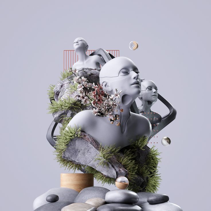 an image of a woman surrounded by rocks and plants in the shape of a human head