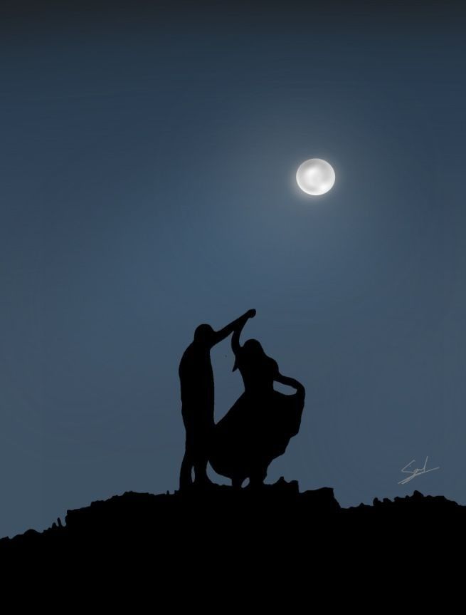 two people standing on top of a hill under a full moon