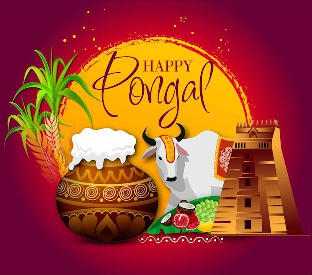 happy pongal greeting card with cow and potted plant in front of it