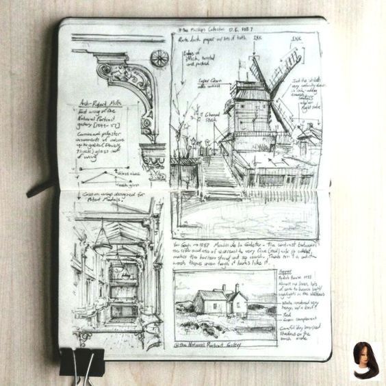 an open notebook with drawings on it and some wires attached to the cover, sitting on top of a wooden table